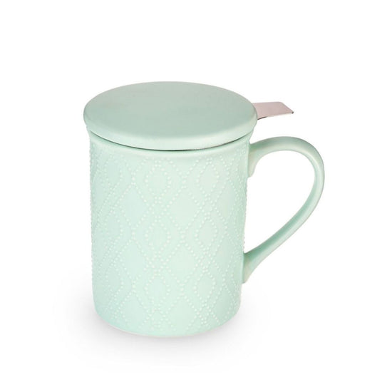 Mint green mug with lid and tea infuser on a white background