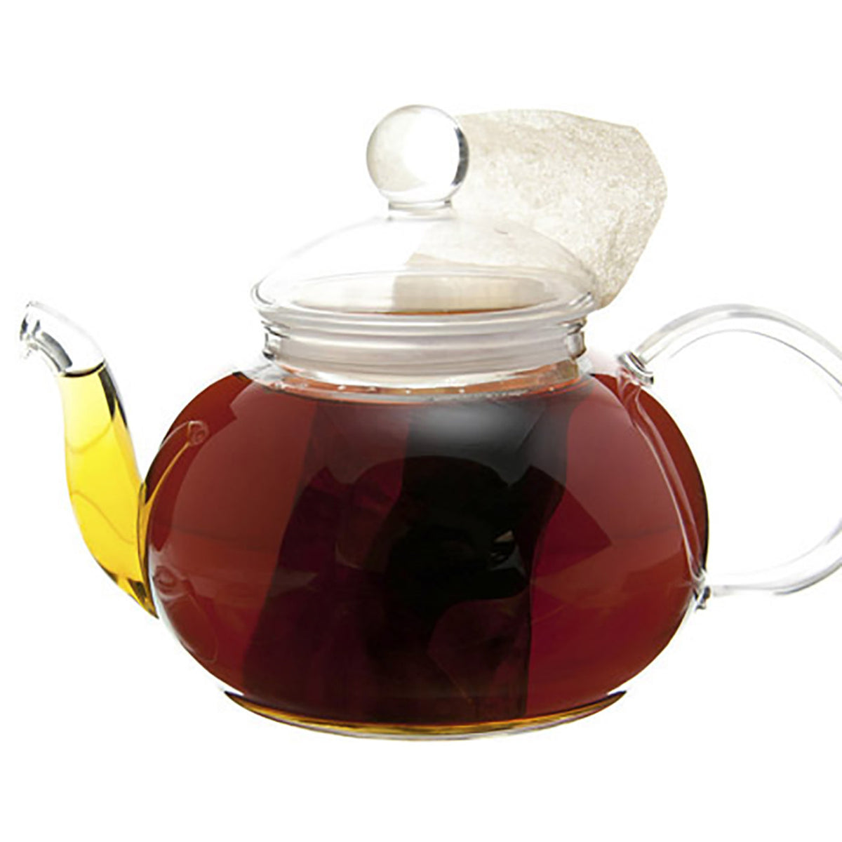 Clear glass teapot with dark brown colored tea on a white background