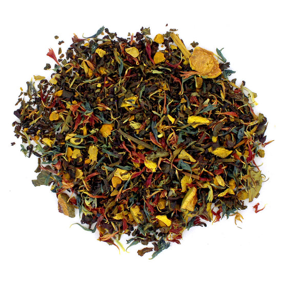 A mixture of dried tea leaves and pieces, with hints of yellow and red from bael nut and cornflower petals.