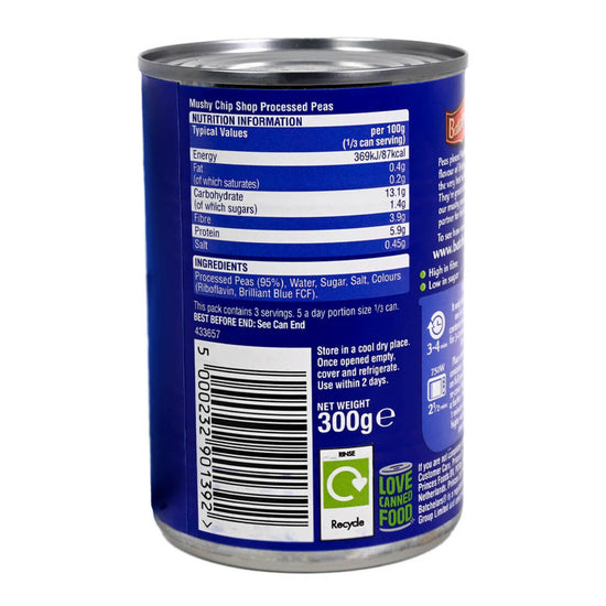 Can of Batchelor's Chip Shop Mushy Peas with a blue label and nutritional information.