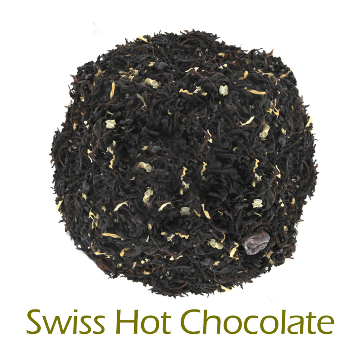 Swiss Hot Chocolate loose-leaf tea on a white background with product title text callout at bottom