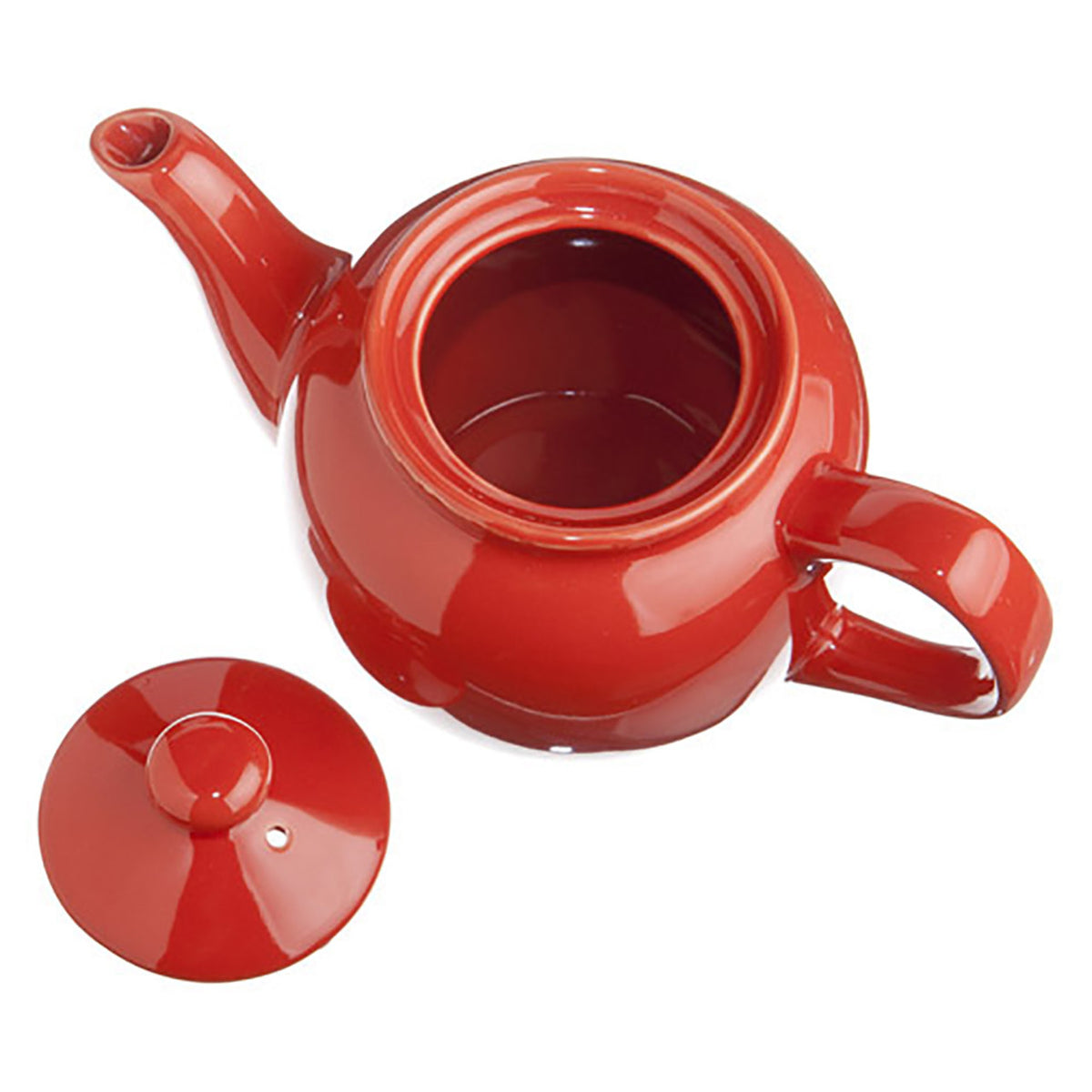 Red ceramic teapot with lid on a white background