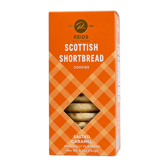 Box of Reids Scottish Shortbread Cookies with an orange checkered pattern on a white background