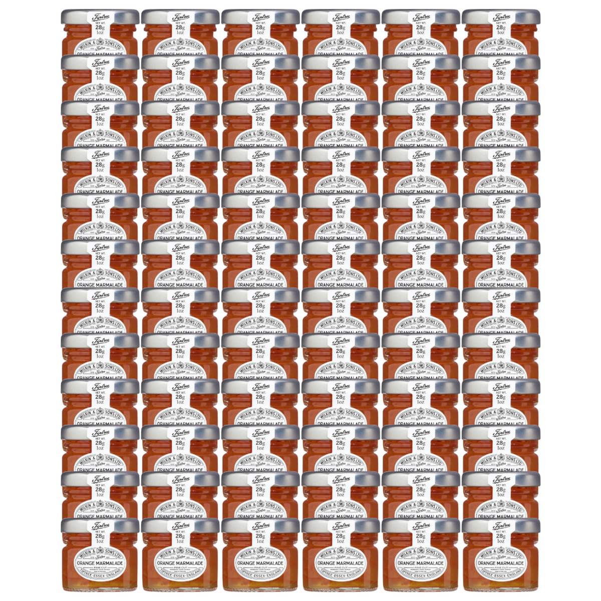 Multiple jars of Orange Marmaladestacked on a white background
