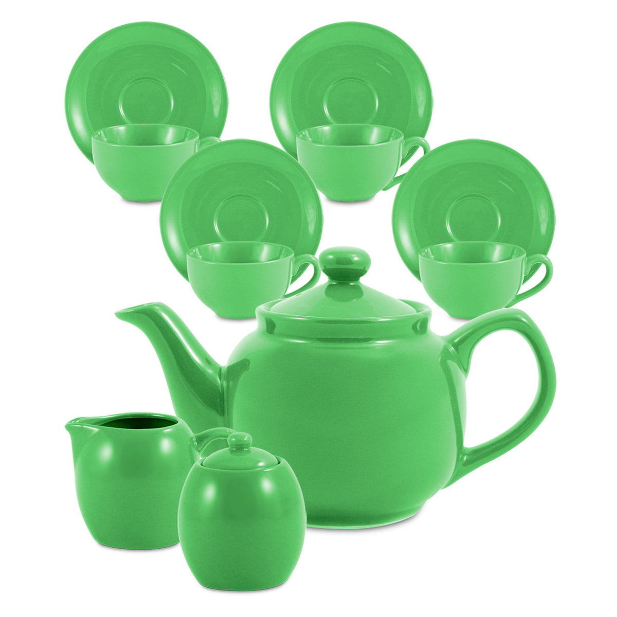 Green ceramic teapot and matching dinnerware set on a white background