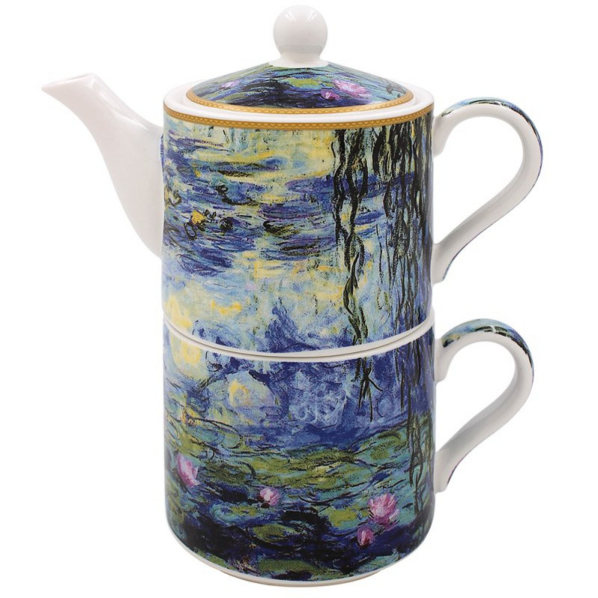 Teapot stacked on a matching mug both with artistic design of water lilies on a white background