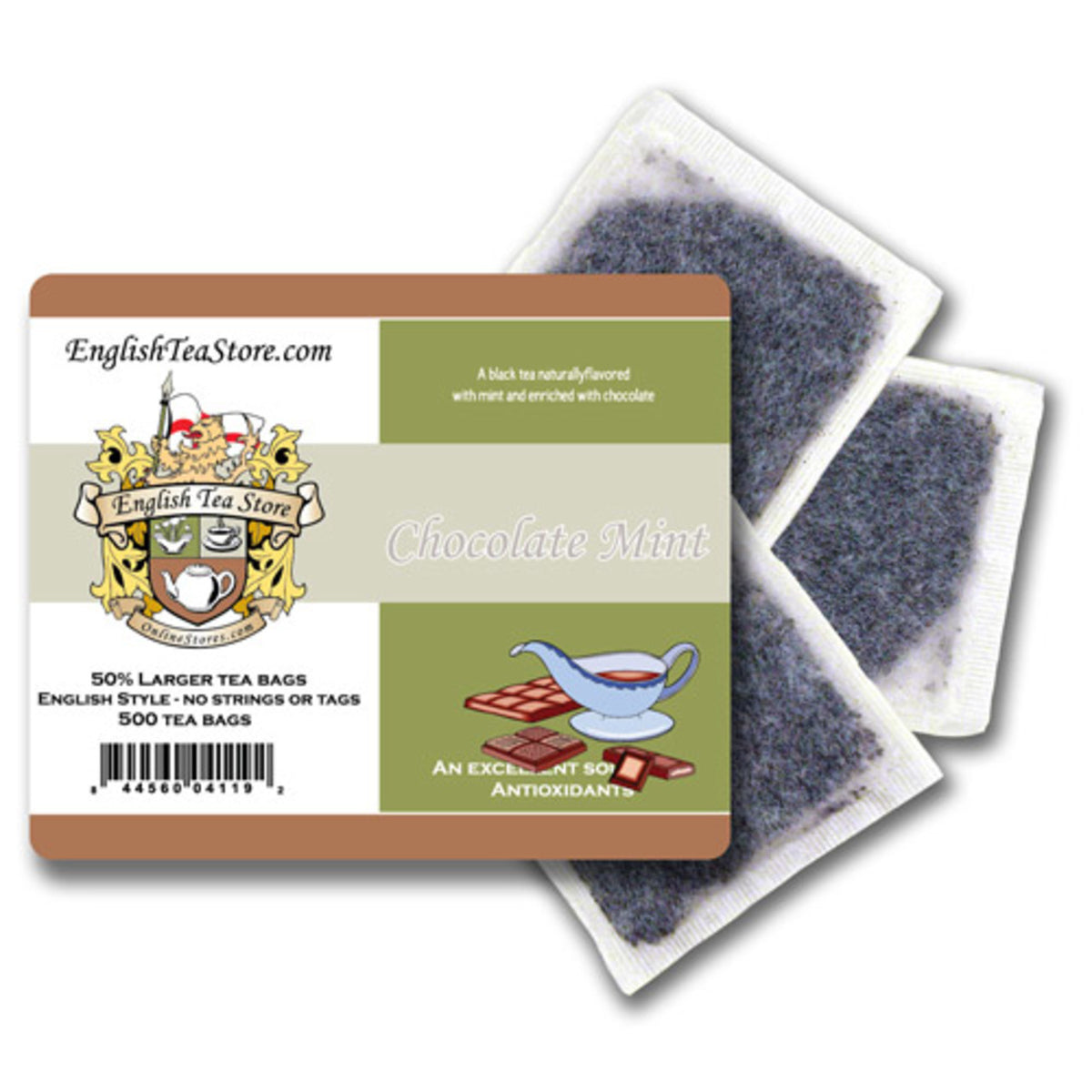 Tea bags with packaging labeled 'English Tea Store' for Chocolate Mint flavor on a white background.