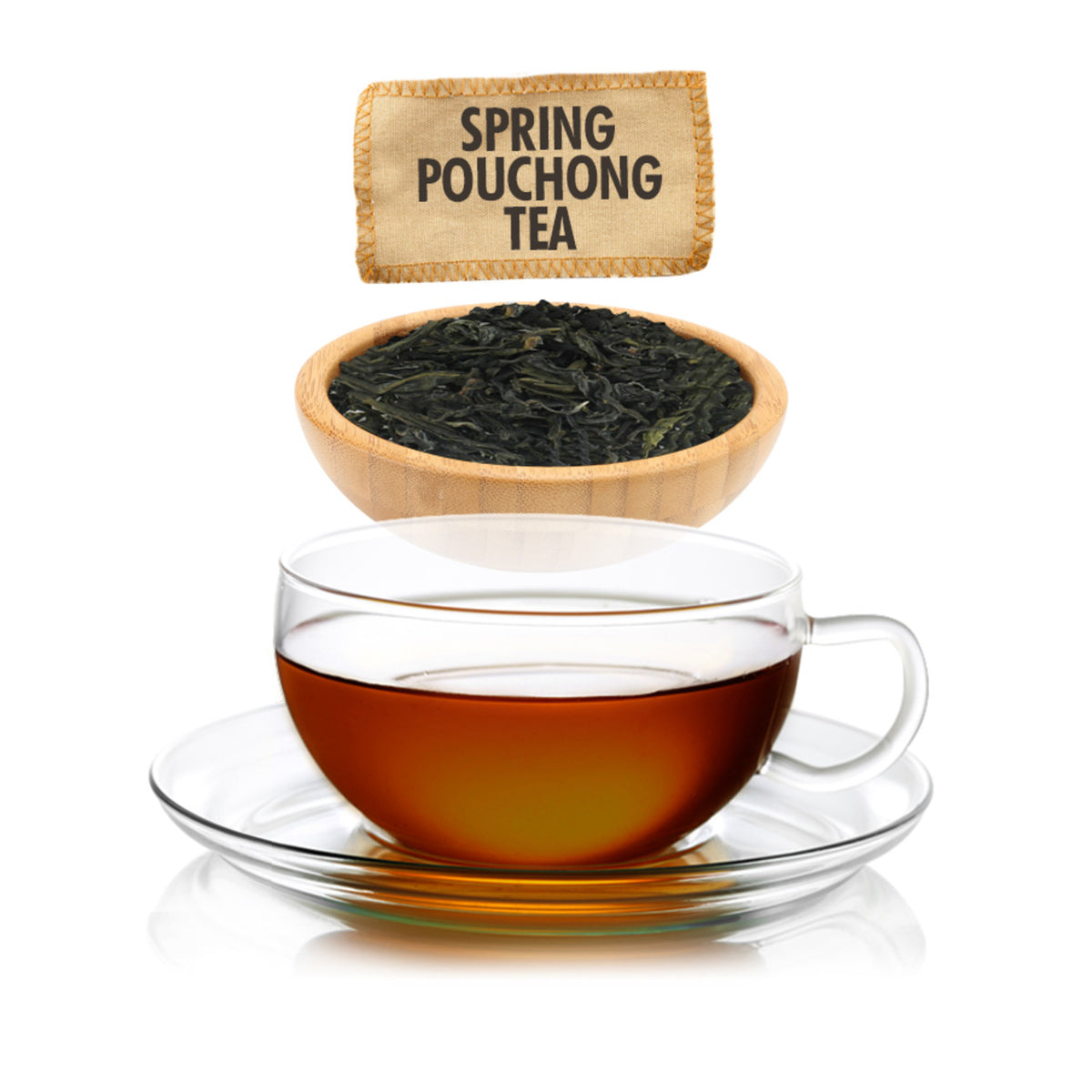 Tea cup with brewed tea, a wooden bowl of tea leaves, and a 'Spring Pouchong Tea' label on a white background.