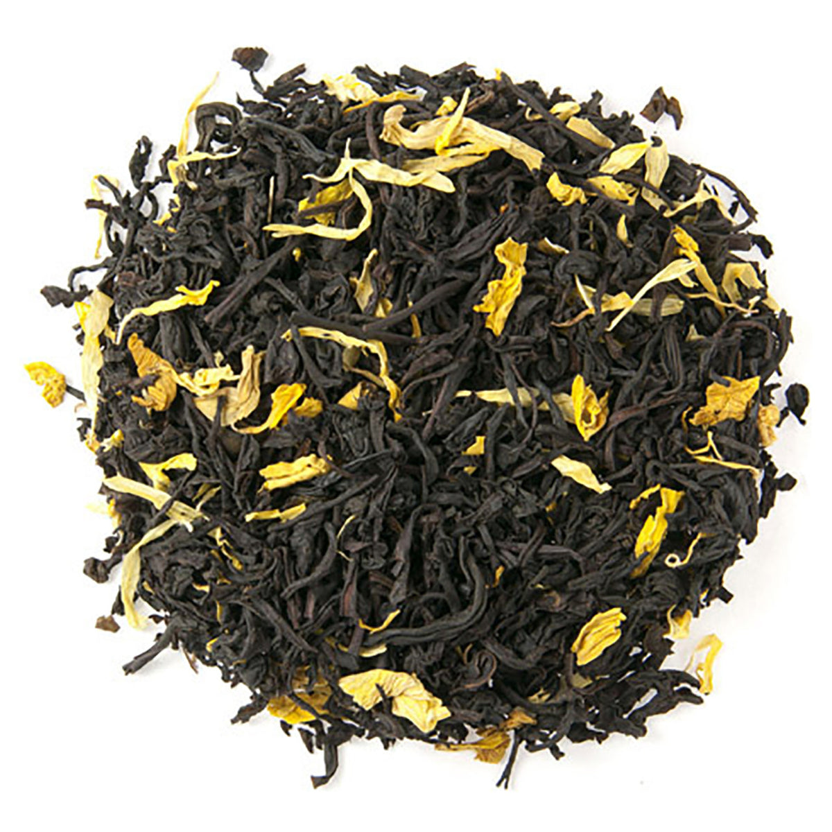 Black tea leaves with yellow flowers on a white background