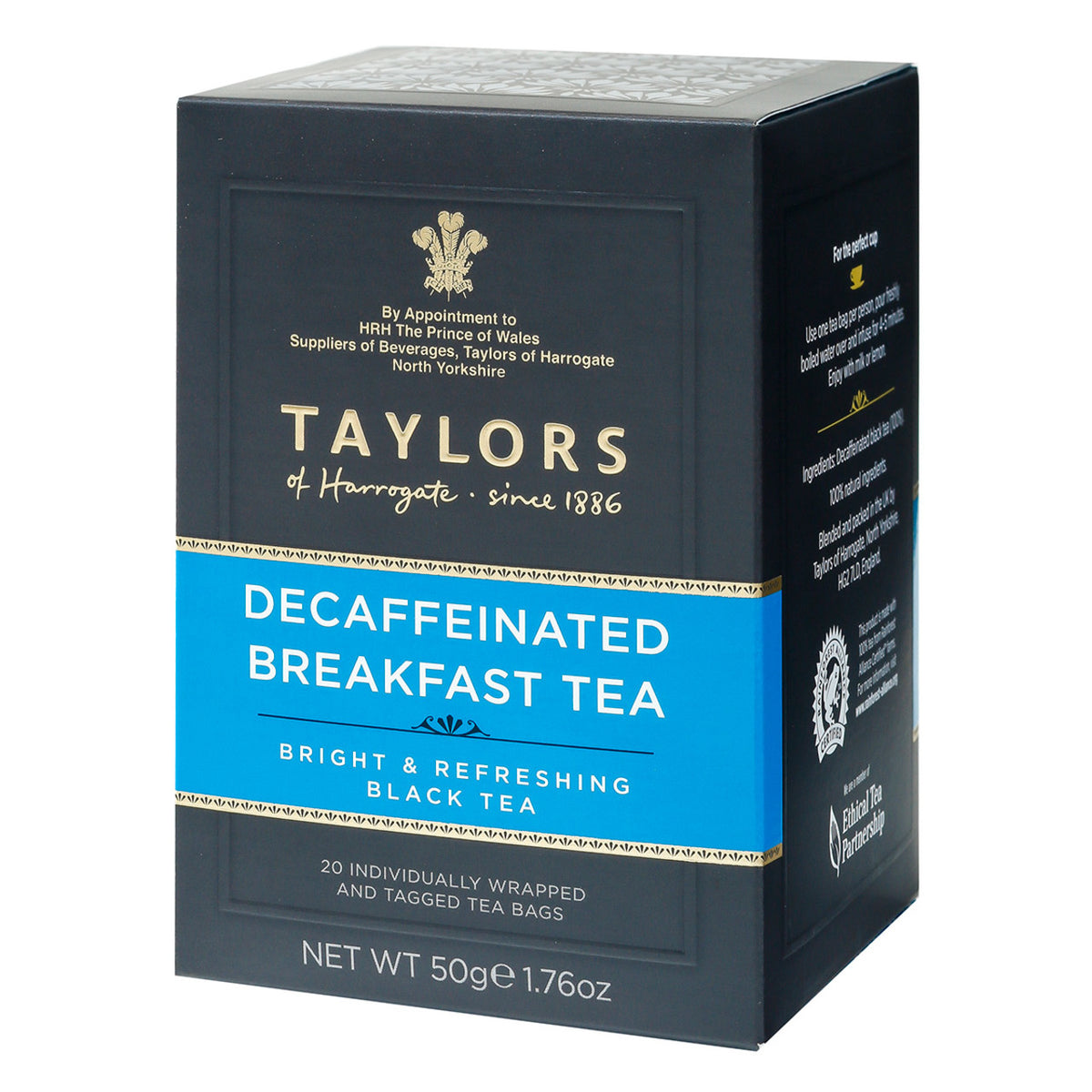 Box of Taylors decaffeinated breakfast tea on a white background