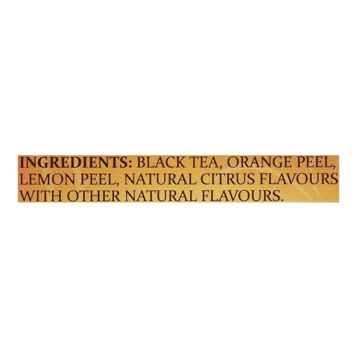 Text on a white background listing ingredients of black tea with orange peel, lemon peel, and natural citrus flavors.