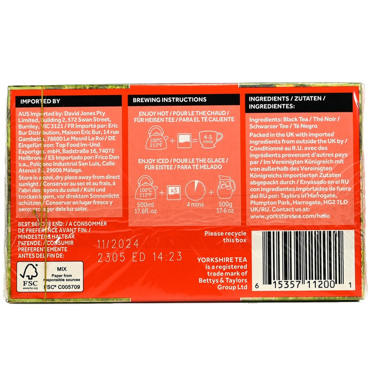 Back of a Yorkshire Tea package with text, barcodes, and FSC logo on an orange background.