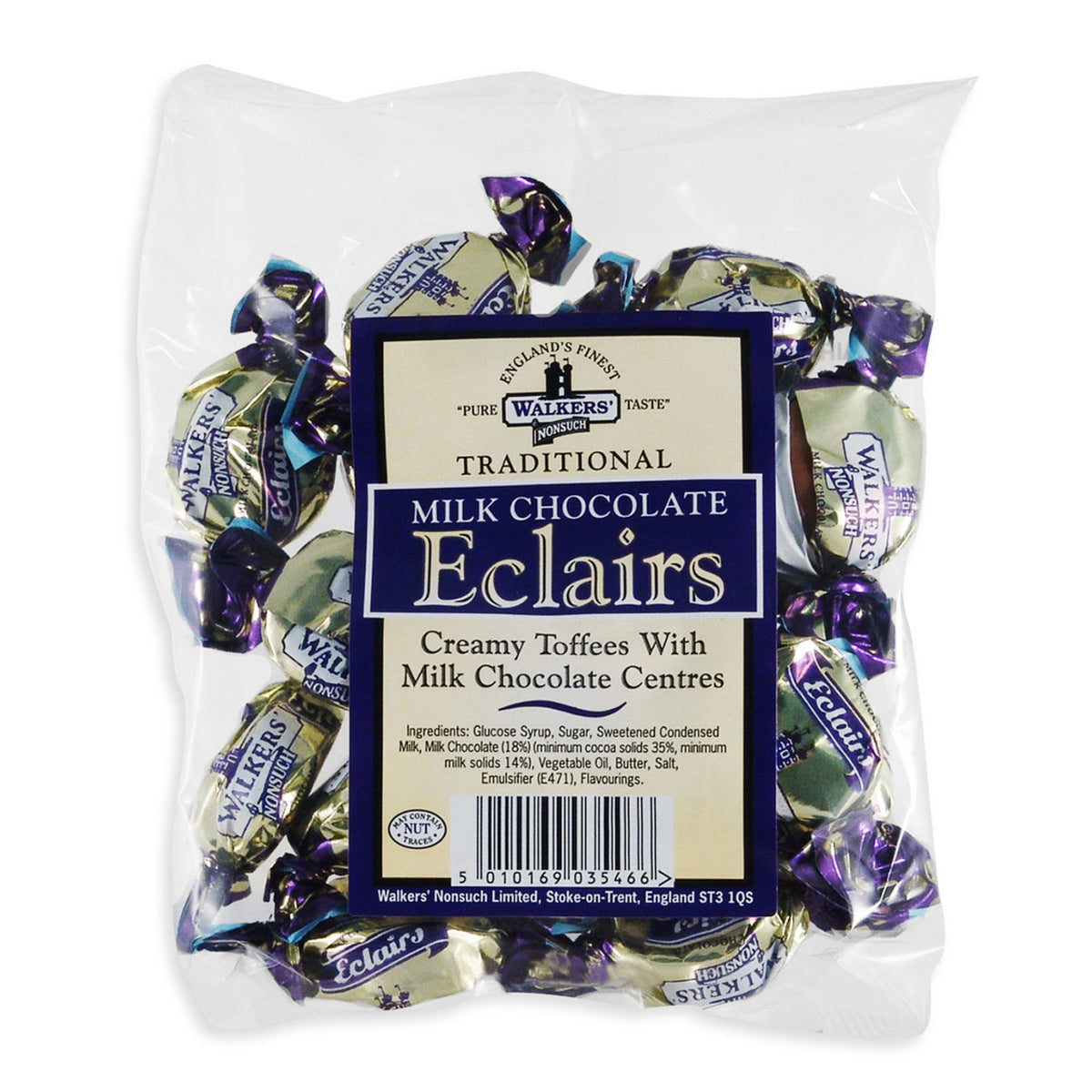 Packaged Walkers Milk Chocolate Eclairs with a visible label on a white background