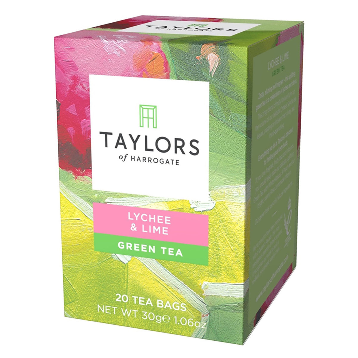 Box of Taylors of Harrogate Lychee & Lime Green Tea on a white background
