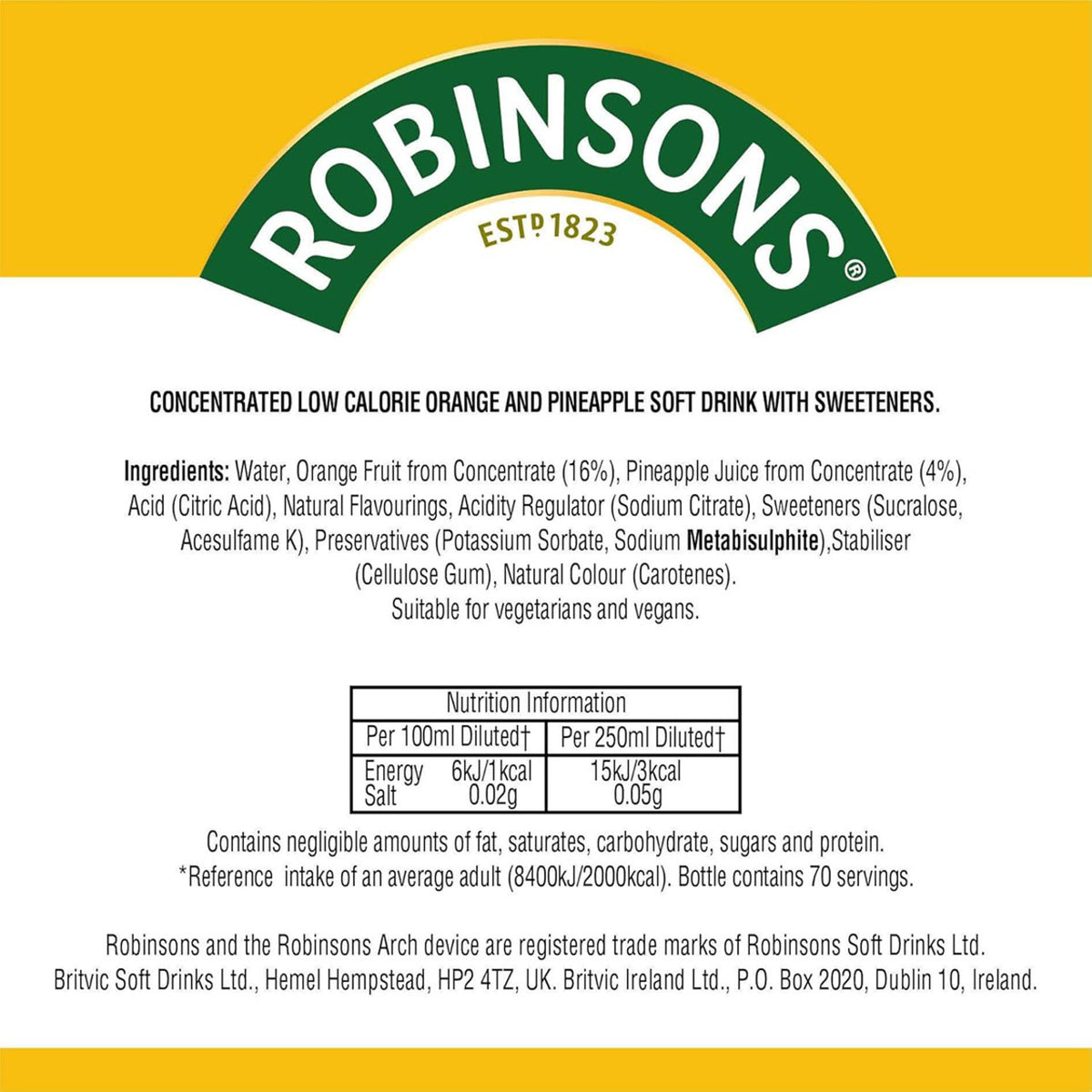 Robinsons soft drink label with ingredients and nutrition information on a yellow background