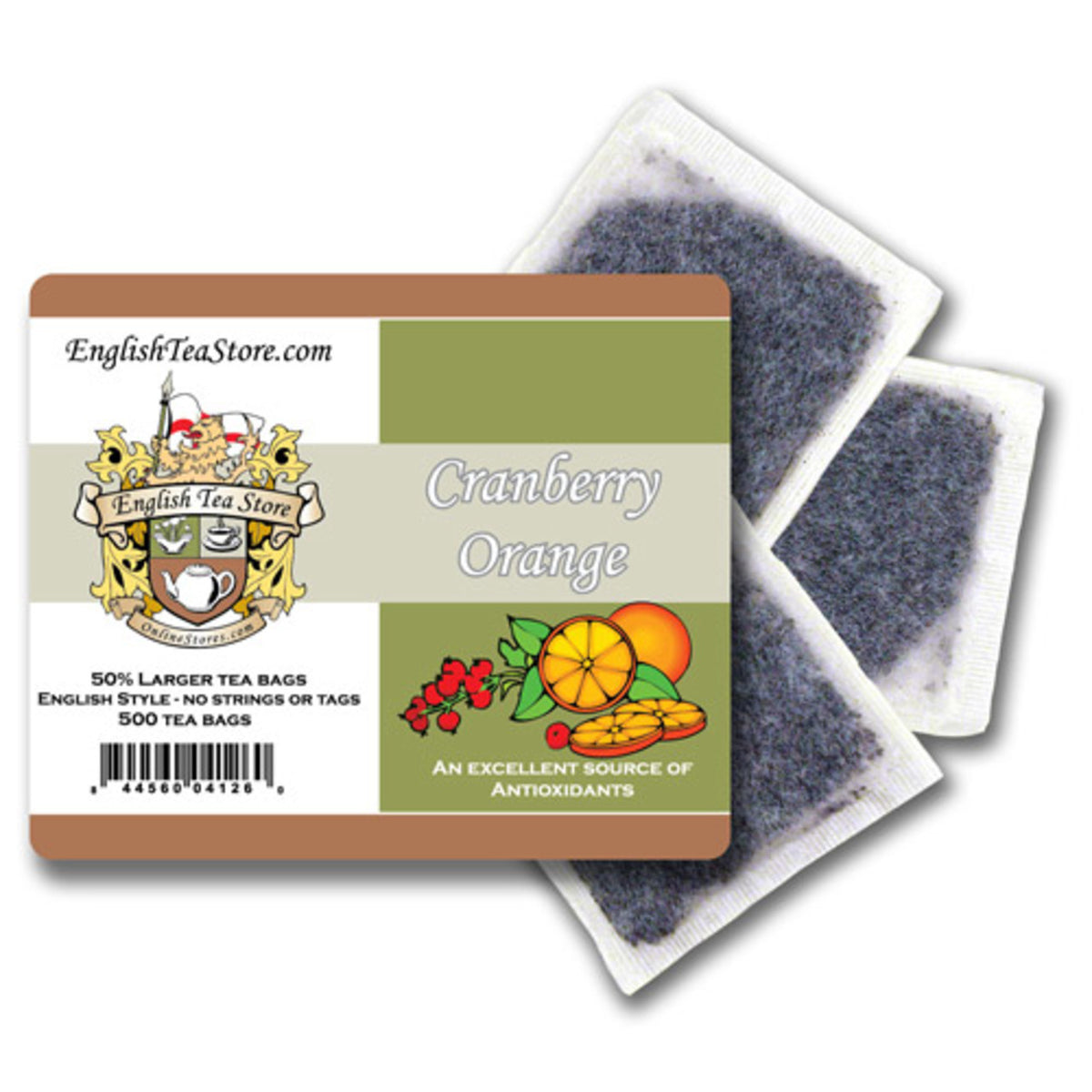 Tea bags with a label for Cranberry Orange flavor from English Tea Store on a white background.