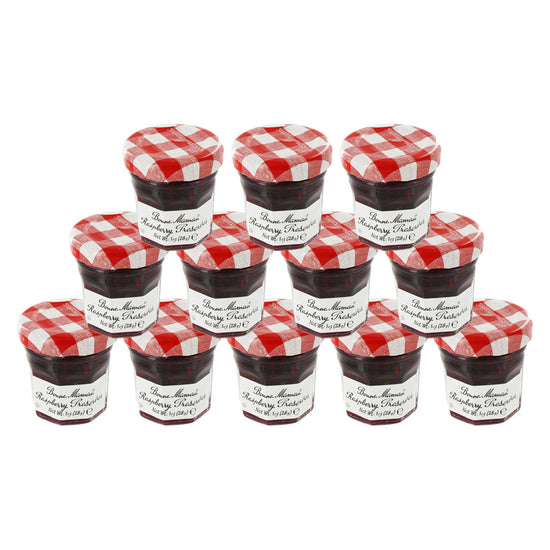 12 1oz jars of Bonne Maman Raspberry Preserve with a red and white checkered lid on a white background