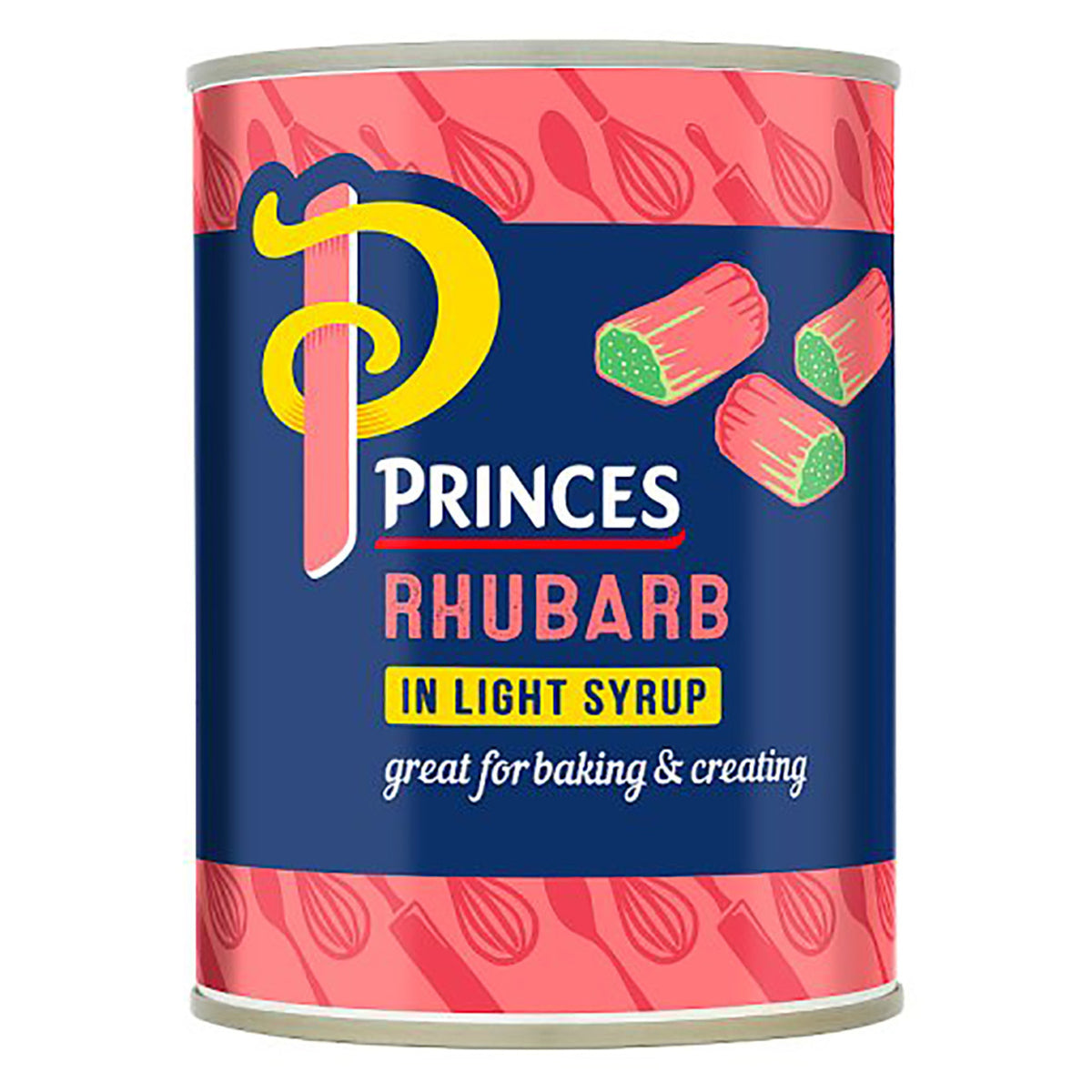 Can of Princes Rhubarb in Light Syrup with pink and blue design