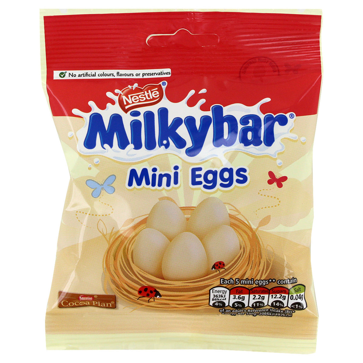 Packaging of Nestle Milkybar Mini Eggs on a white background