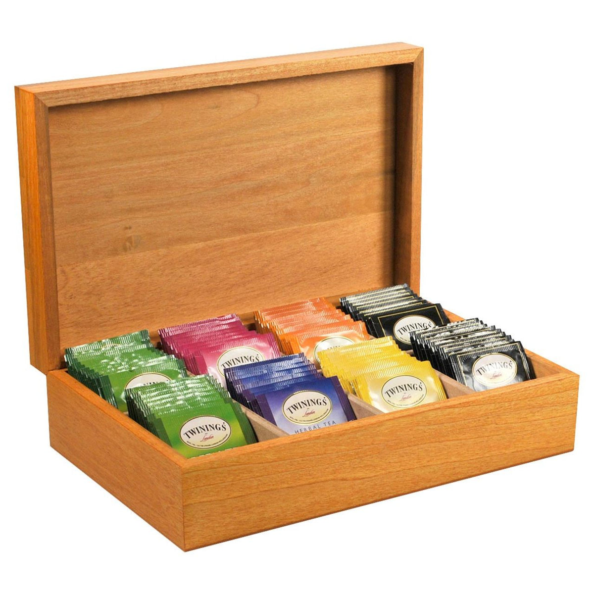 Wooden box with assorted Teabags inside on a white background