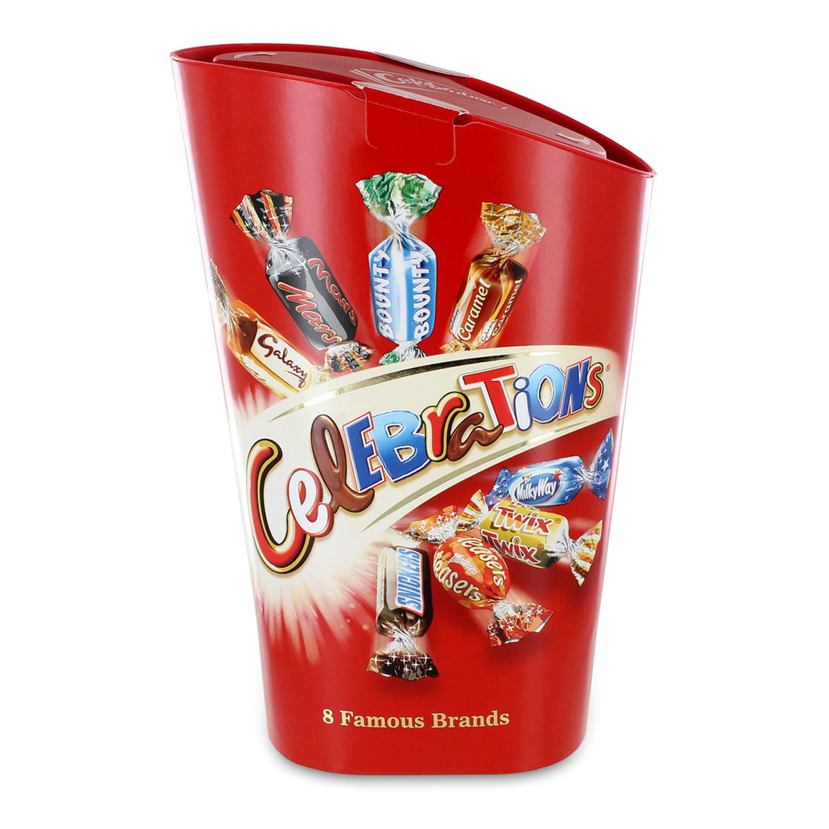 Red container of Hershey's Celebrations candy mix on a white background