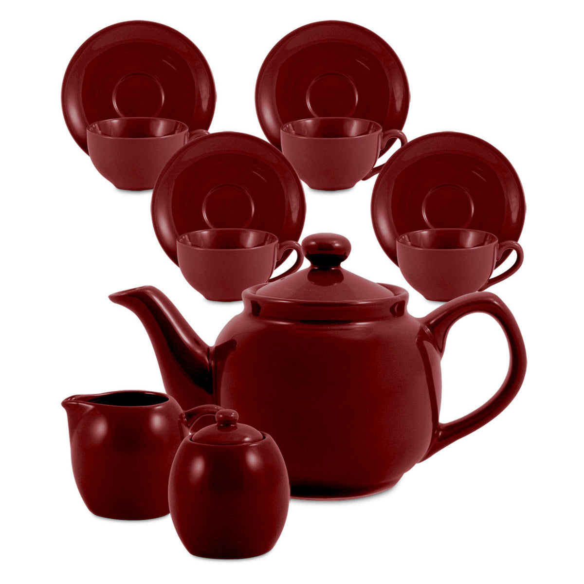 Red ceramic teapot set with teacups, saucers, and a milk jug on a white background