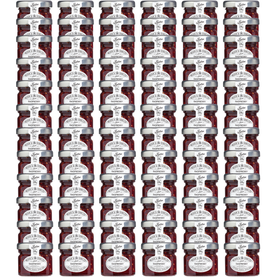 72 1oz mini jars of Tiptree Raspberry Preserve, showing the clear glass jar filled with red preserve and the Tiptree brand label on the lid.