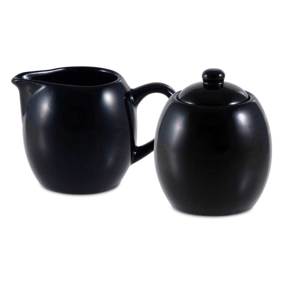 Black ceramic creamer and sugar set on a white background.