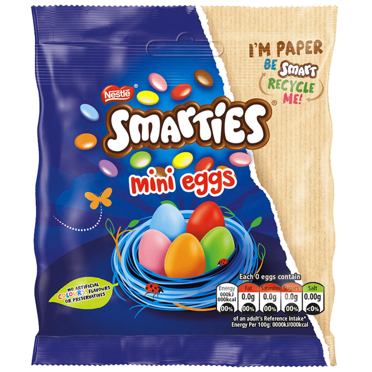 Smarties mini eggs packaging with Nestle logo on a blue background