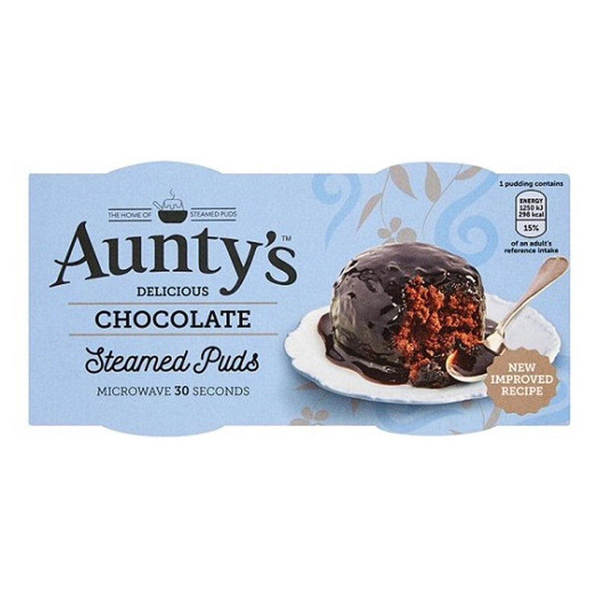 Auntys chocolate steamed pudding packaging with a blue background