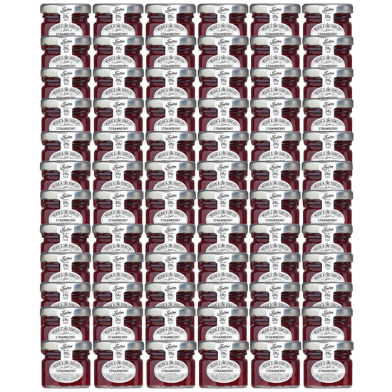 72 1oz mini jars of Tiptree Strawberry Preserve, with a label indicating it is a product of Wilkin & Sons Ltd, Tiptree, Essex, England.