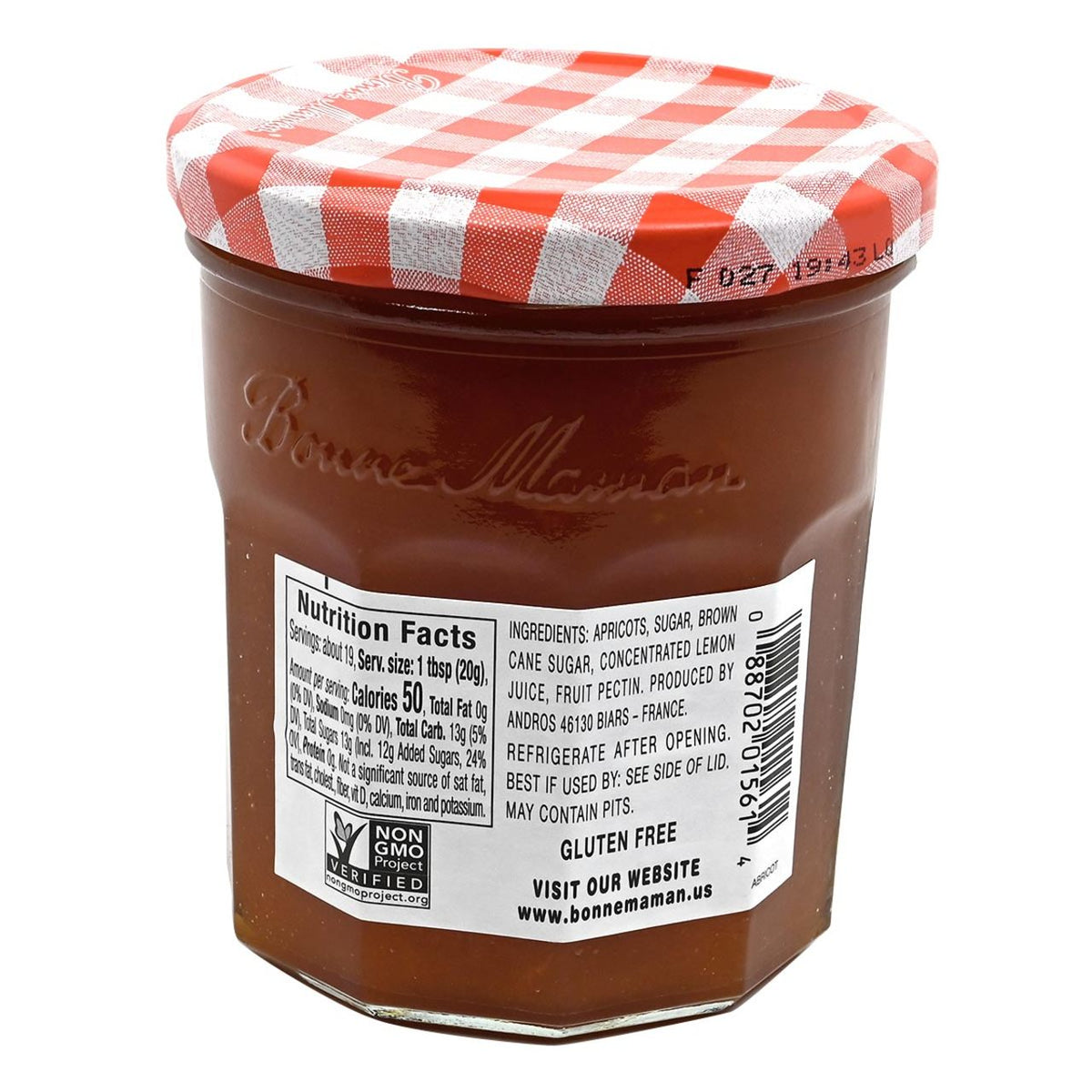 Back of a ar of Bonne Maman apricot preserves with a checkered lid on a white background featuring nutrition and ingredients.