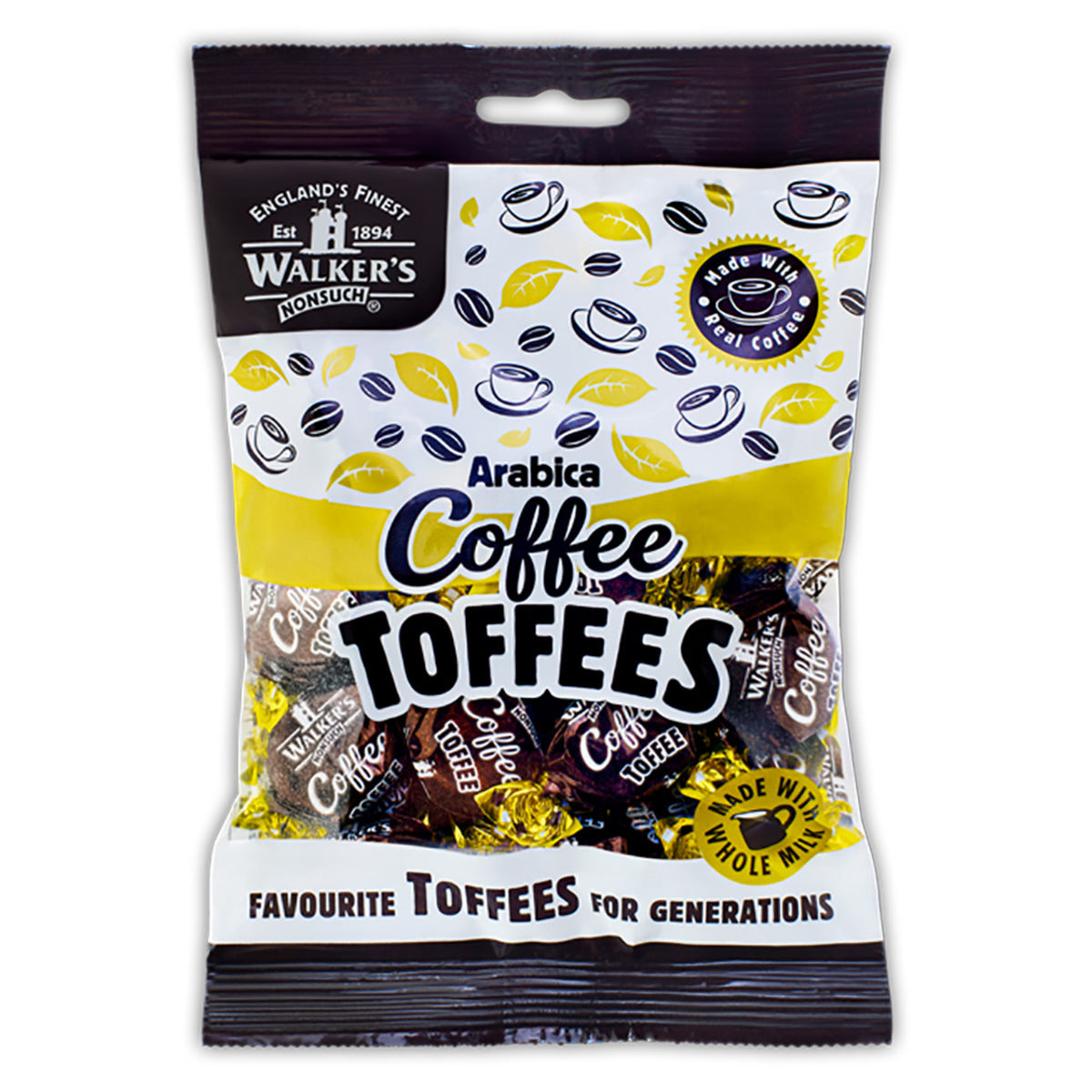 Packaging of Walker's Arabica Coffee Toffees with branding and coffee-themed graphics.