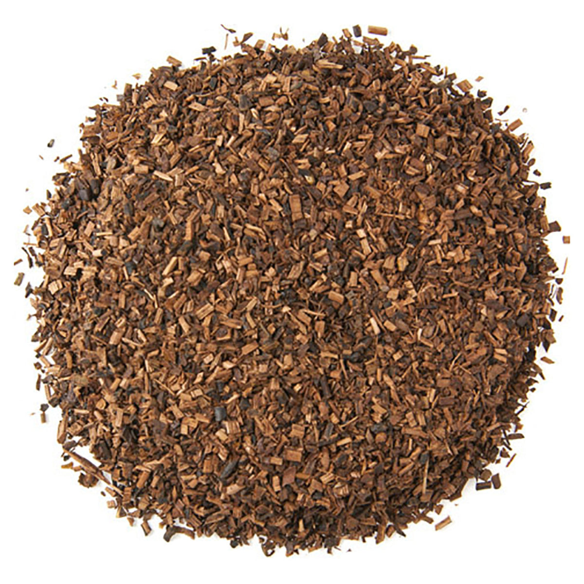 Close-up of a pile of brown dried honeybrush herbal leaves on a white background