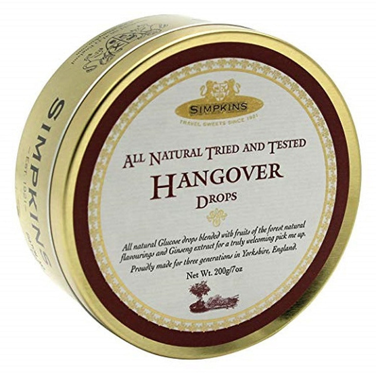 Simpkins Hangover Drops tin with gold lid and white label on a white background