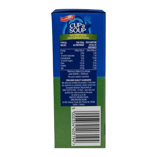 Side view of a Batchelor's Cup-a-Soup package with nutrition information on a white background