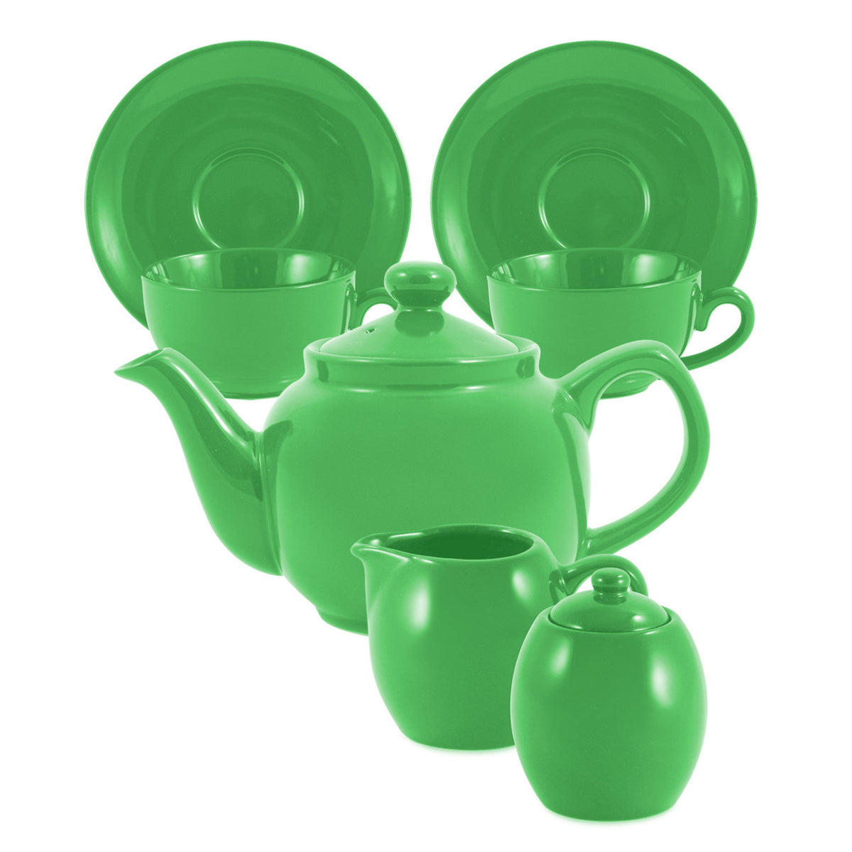Green ceramic tea set including teapot, cups, and plates on a white background