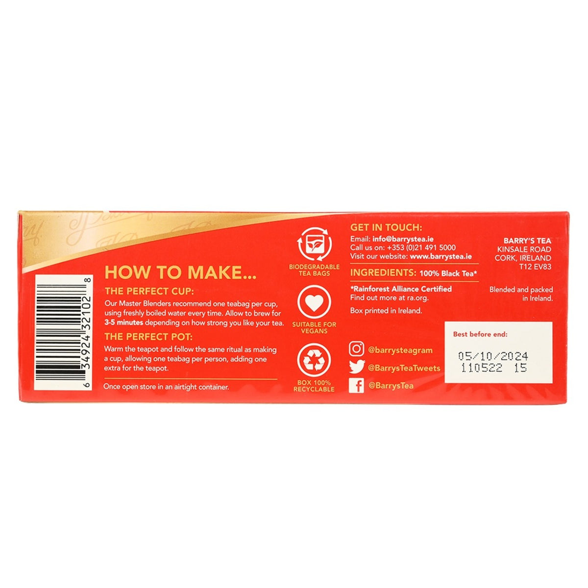 Barry's Tea package with instructions on how to make tea and contact information.