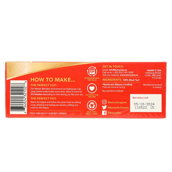 Barry's Tea package with instructions on how to make tea and contact information.