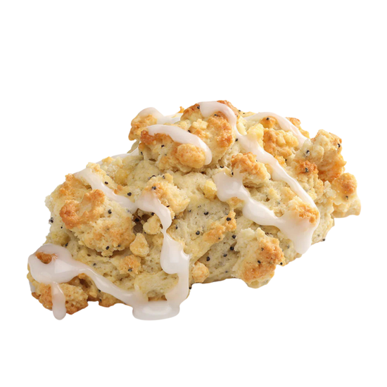 Lemon poppy seed buttery scone with white icing on a white background
