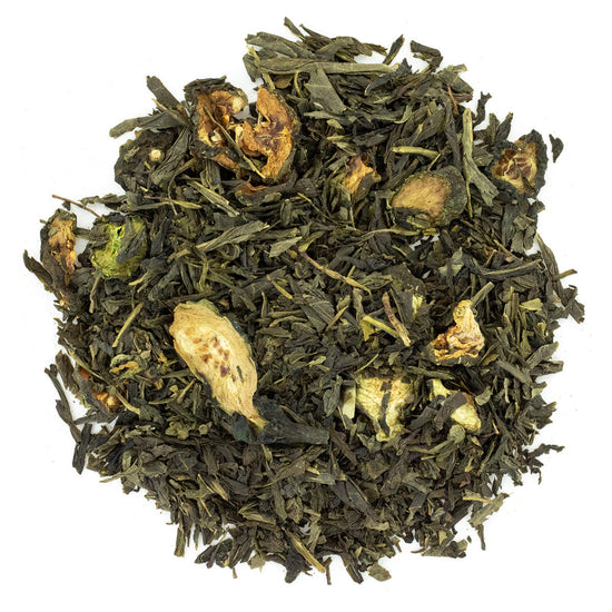 Loose leaf green tea mixed with pieces of dried cucumber and watermelon.