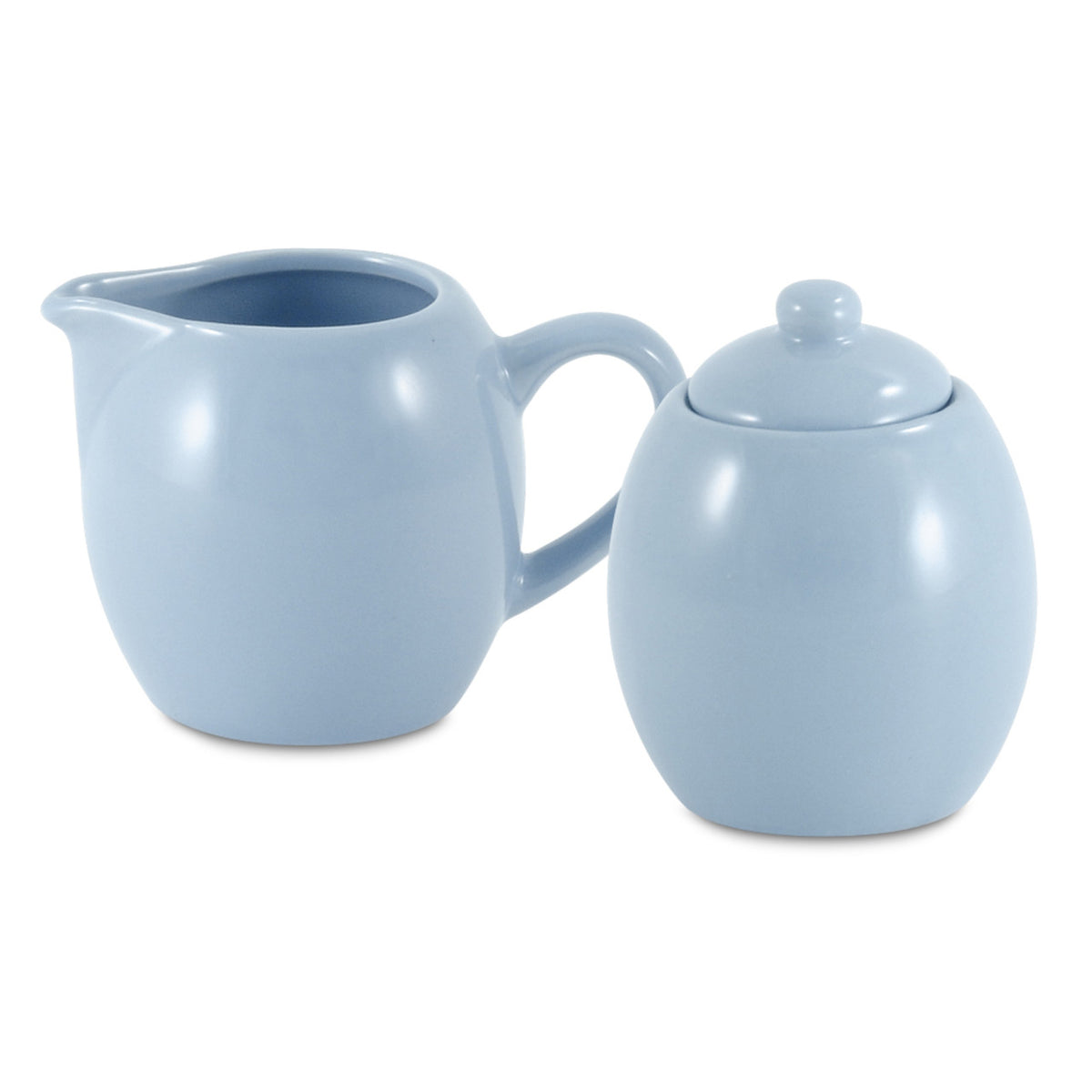 Light blue ceramic creamer and sugar bowl set on a white background