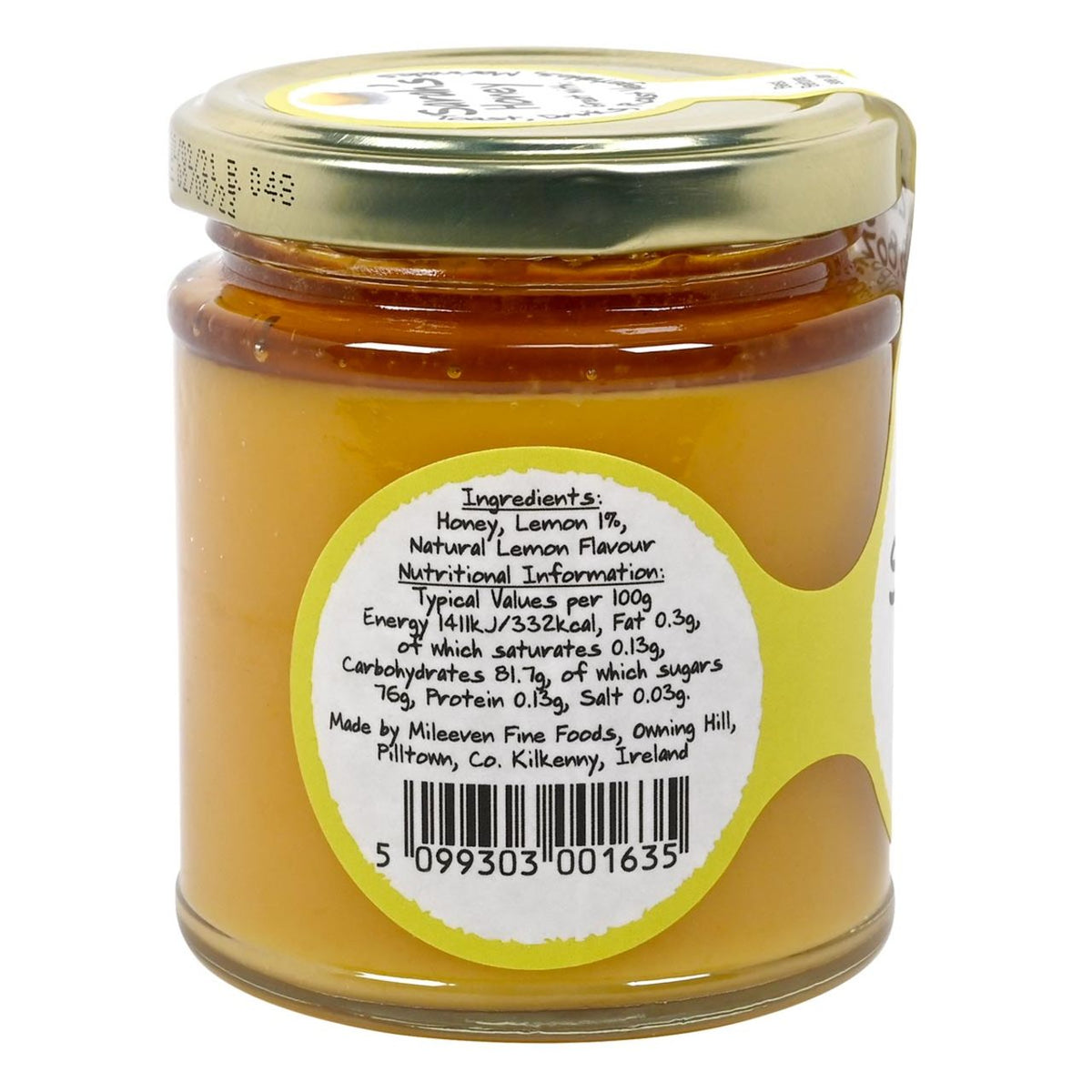 Jar of Sarah's Zingy Honey with Lemon with a label showing ingredients and nutritional information on a white background