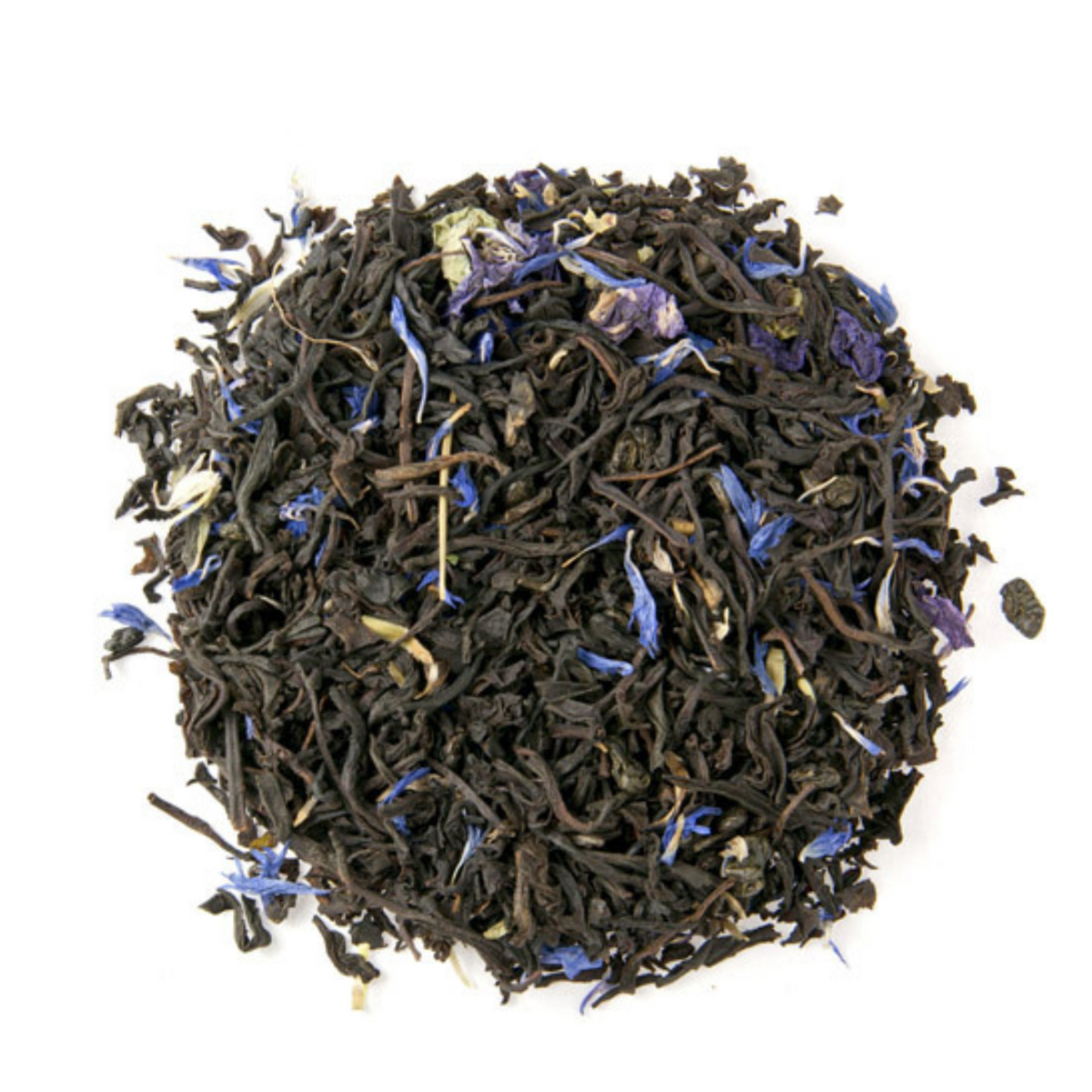 Black tea leaves with blue flower petals on a white background