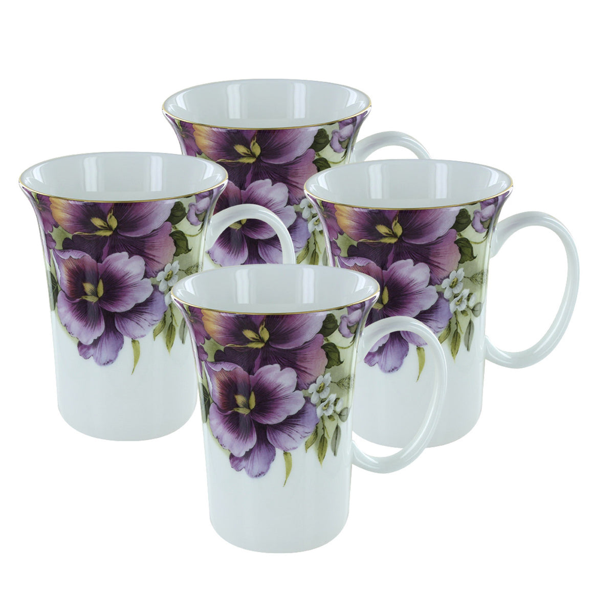 Set of four bone china mugs with purple floral design on a white background