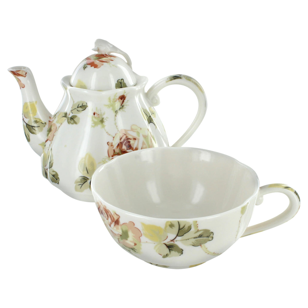 Porcelain teapot and cup set with floral design on a white background
