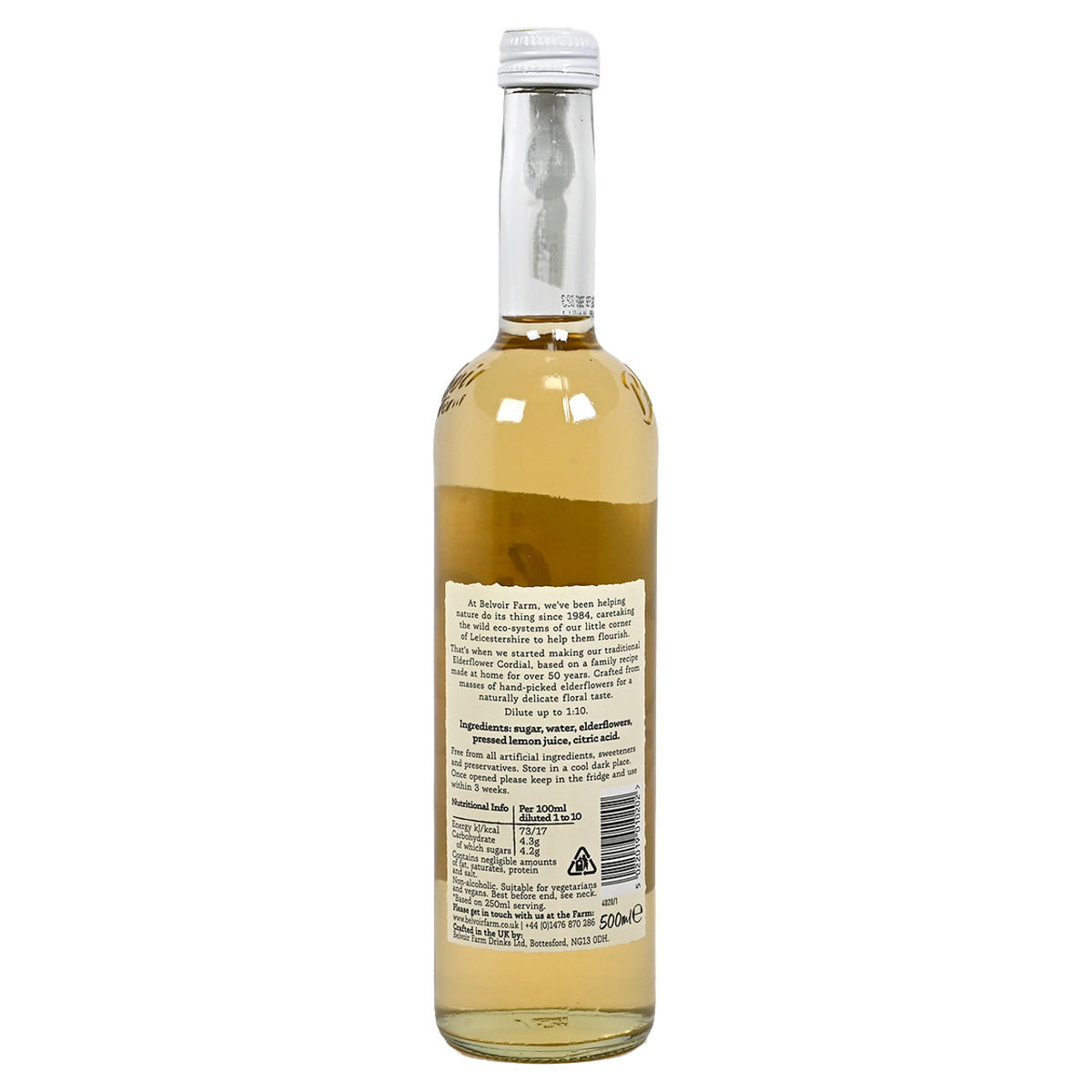 Back Side of a bottle of Belvoir Elderflower Cordial with a label on a white background