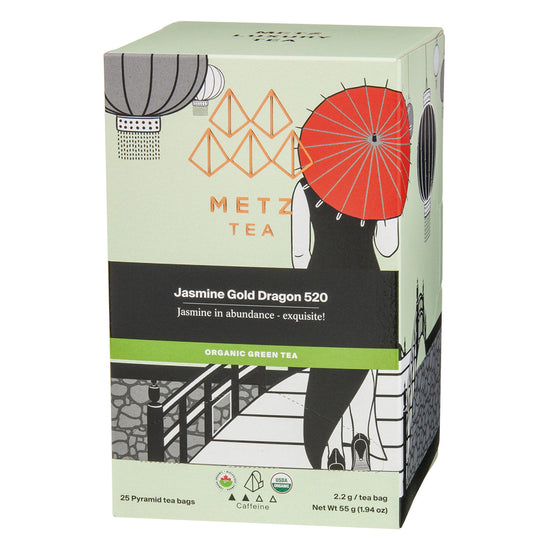 A box of Meta Jasmine Gold Dragon Green Tea with branding illustrations.