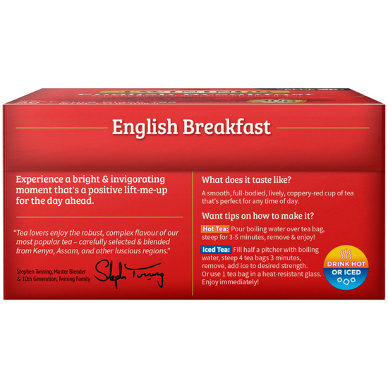 Red box packaging for Twinings English Breakfast tea with text and branding.