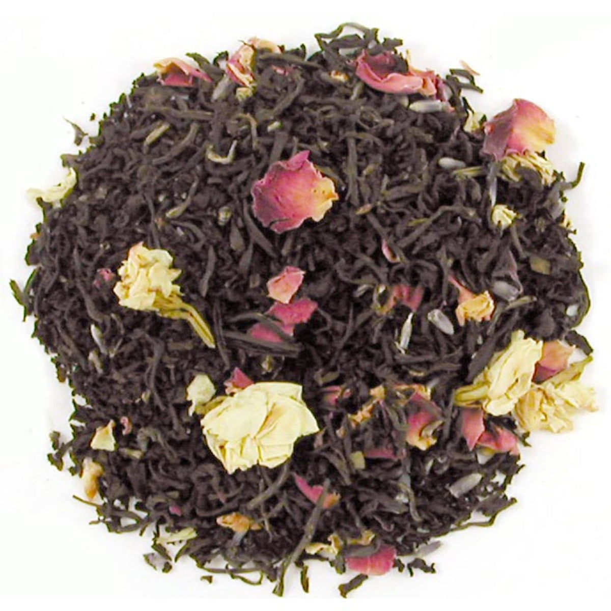 Black tea with dried flowers on a white background